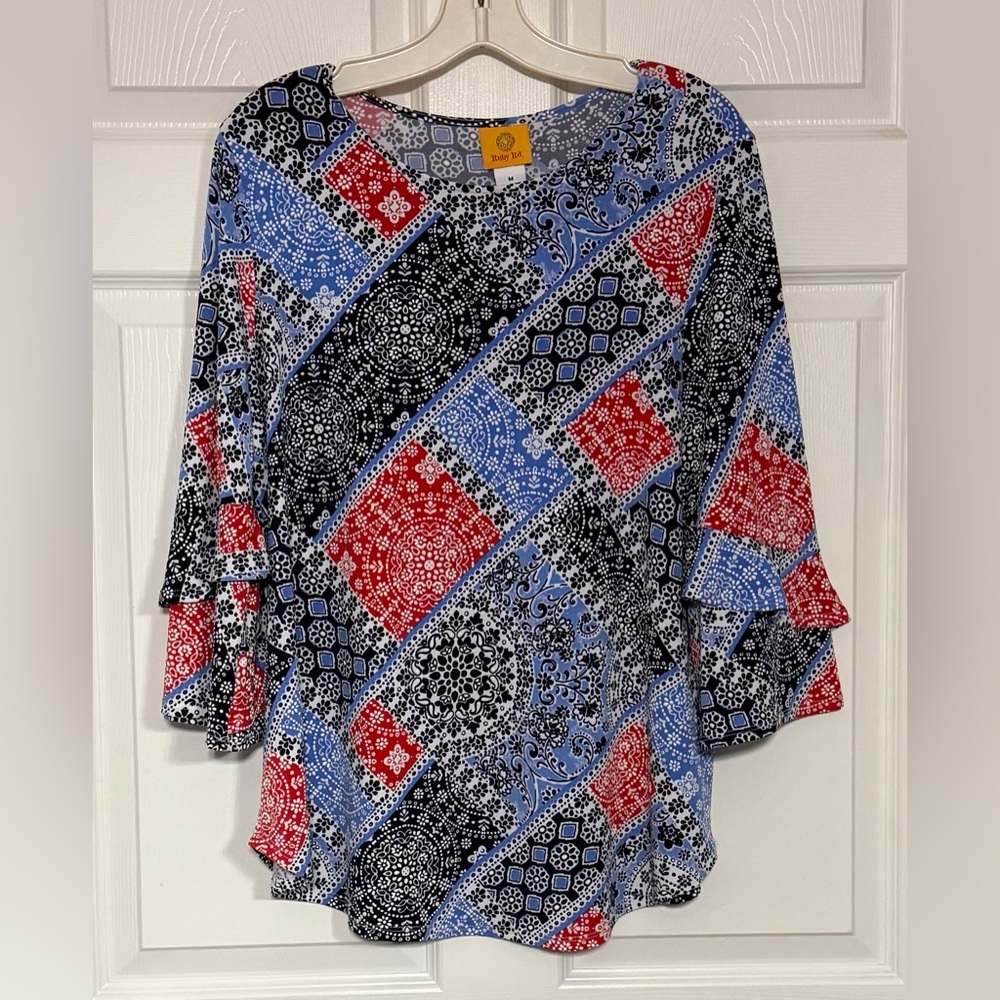 Ruby Rd. Red White Blue Patchwork Double Ruffle Sleeve Textured Top M - Picture 2 of 11